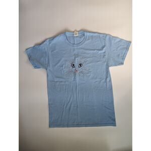 Unique Embroidered Baby Blue CAT Basic T-shirt Size Medium Cotton Blend